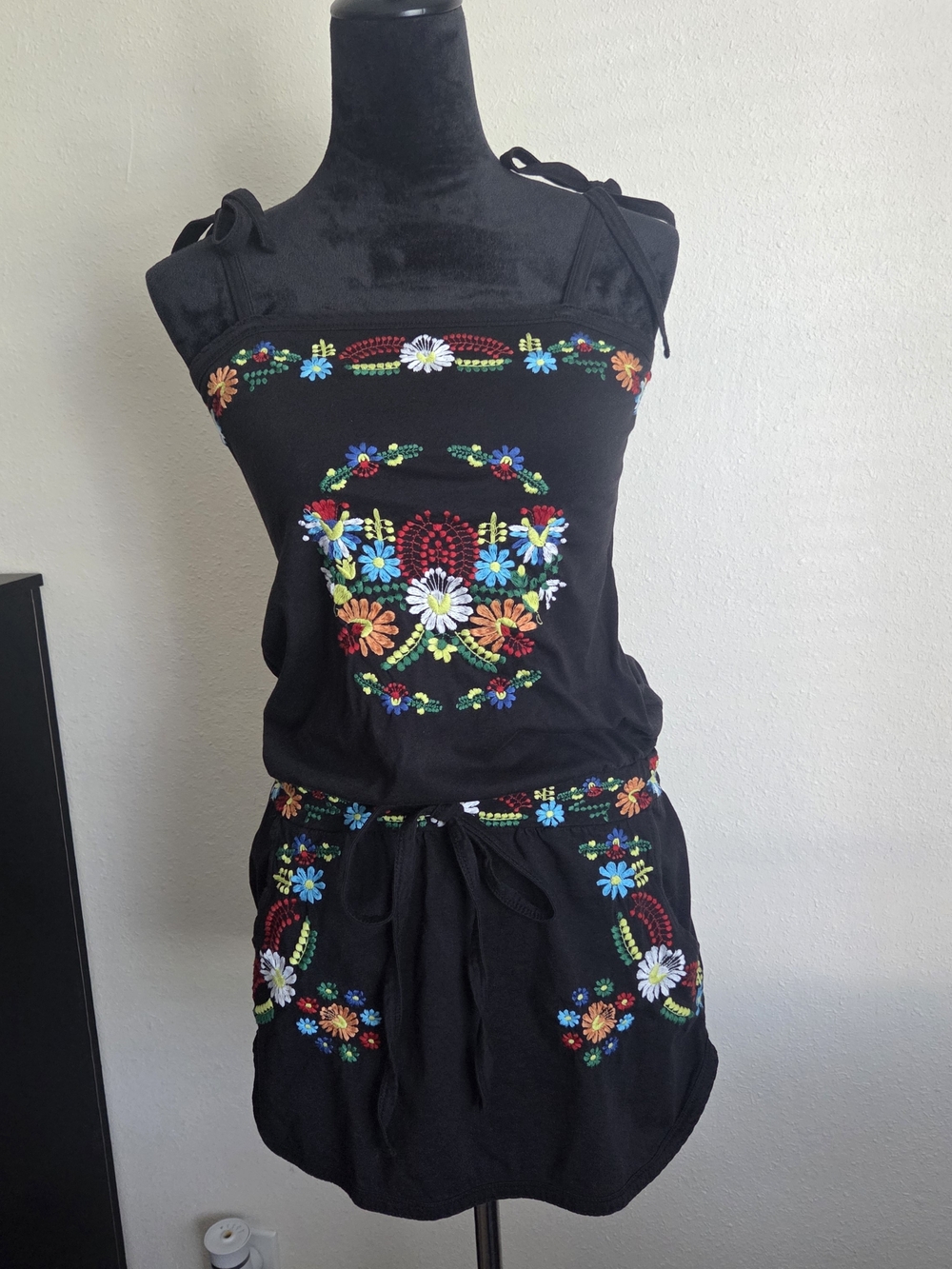 Zara Black Mini Dress with Multicolor Floral Embroidery Tie Shoulders Sz S